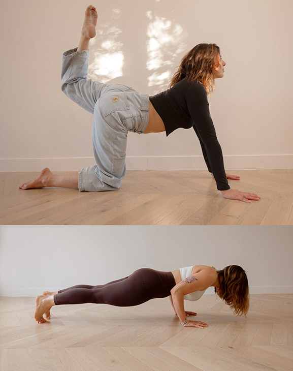 assemblage de deux photographies de posture de yoga vinyasa