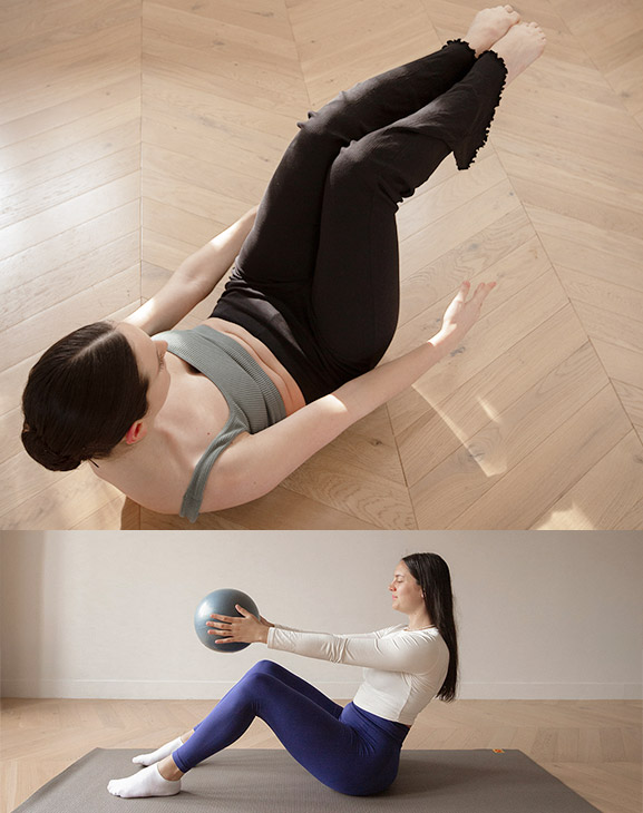 Postures de pilates réalisées par Clara et Laure